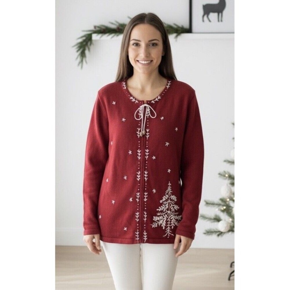 STORYBOOK KNITS Sweater L Red Floral Embroidered Beaded Zip Cardigan Christmas